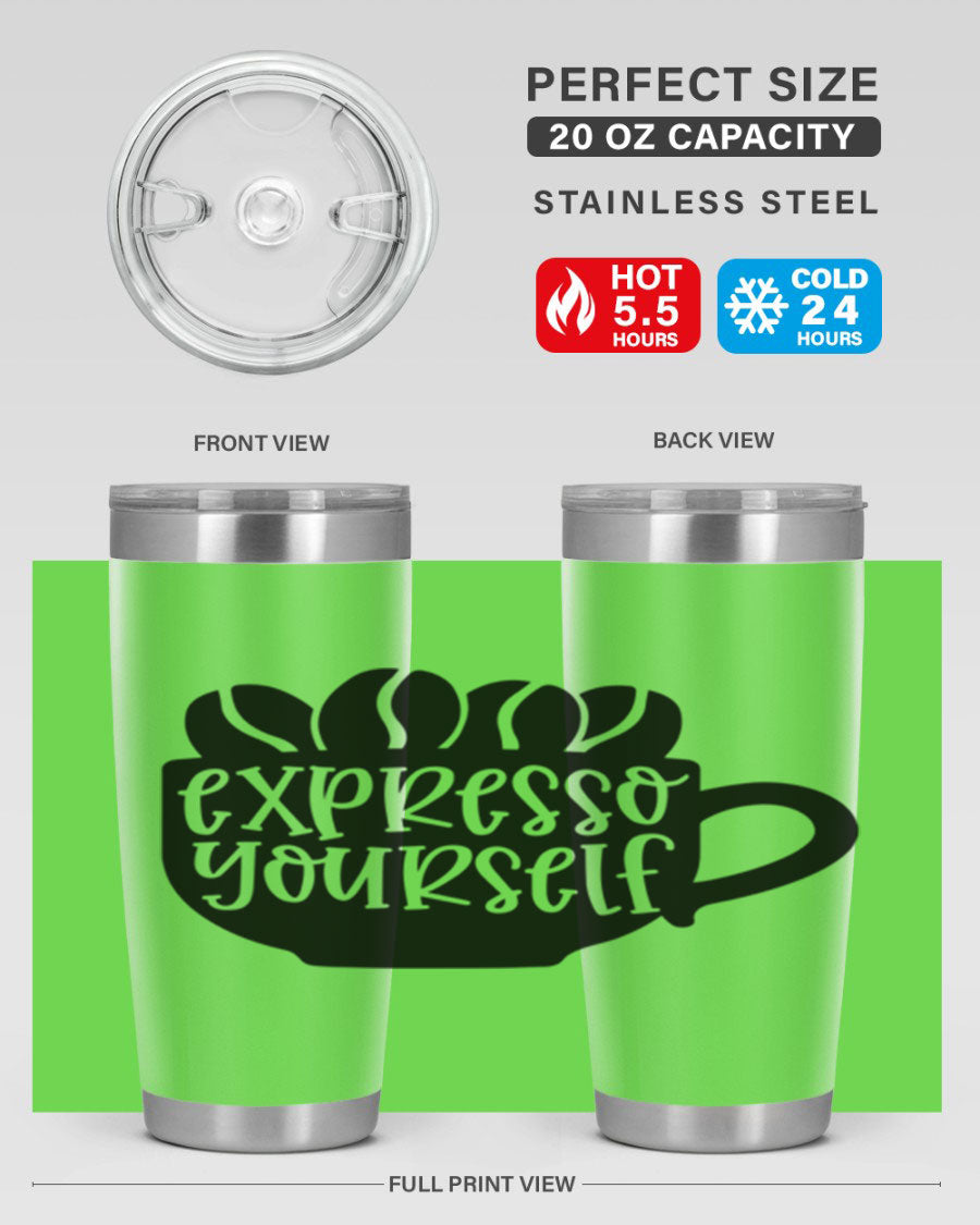 Expresso Yourself 56# Wine Tumbler in stainless steel with a sleek design, showcasing its double wall vacuum insulation and drink-thru lid.