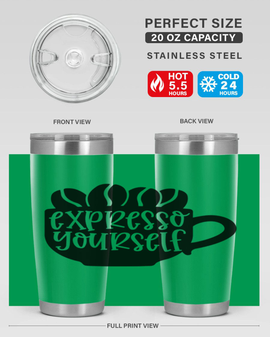 Expresso Yourself 56# Wine Tumbler in stainless steel with a sleek design, showcasing its double wall vacuum insulation and drink-thru lid.