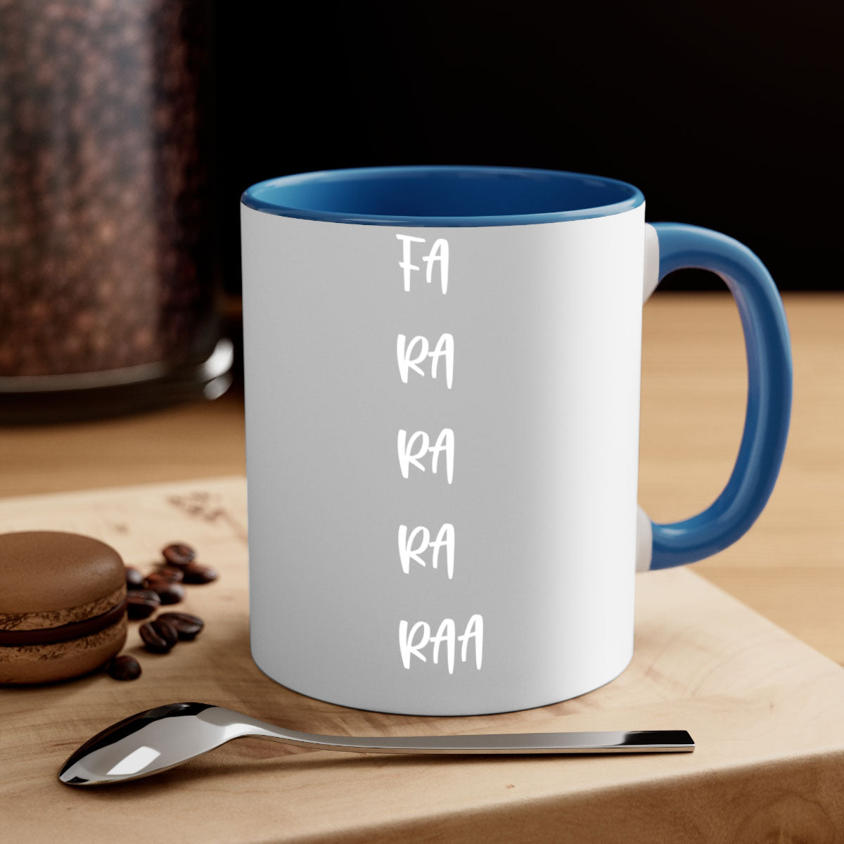 Fa ra ra ra raa style 200# Christmas Mug with colorful handle and interior, glossy finish, available in two sizes.