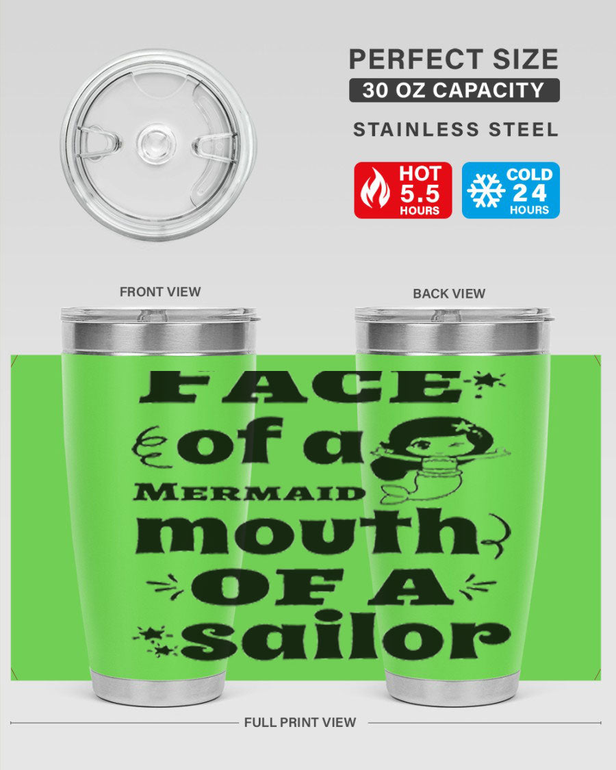 Face of a Mermaid mouth tumbler featuring a vibrant mermaid design, made of double wall vacuum stainless steel.