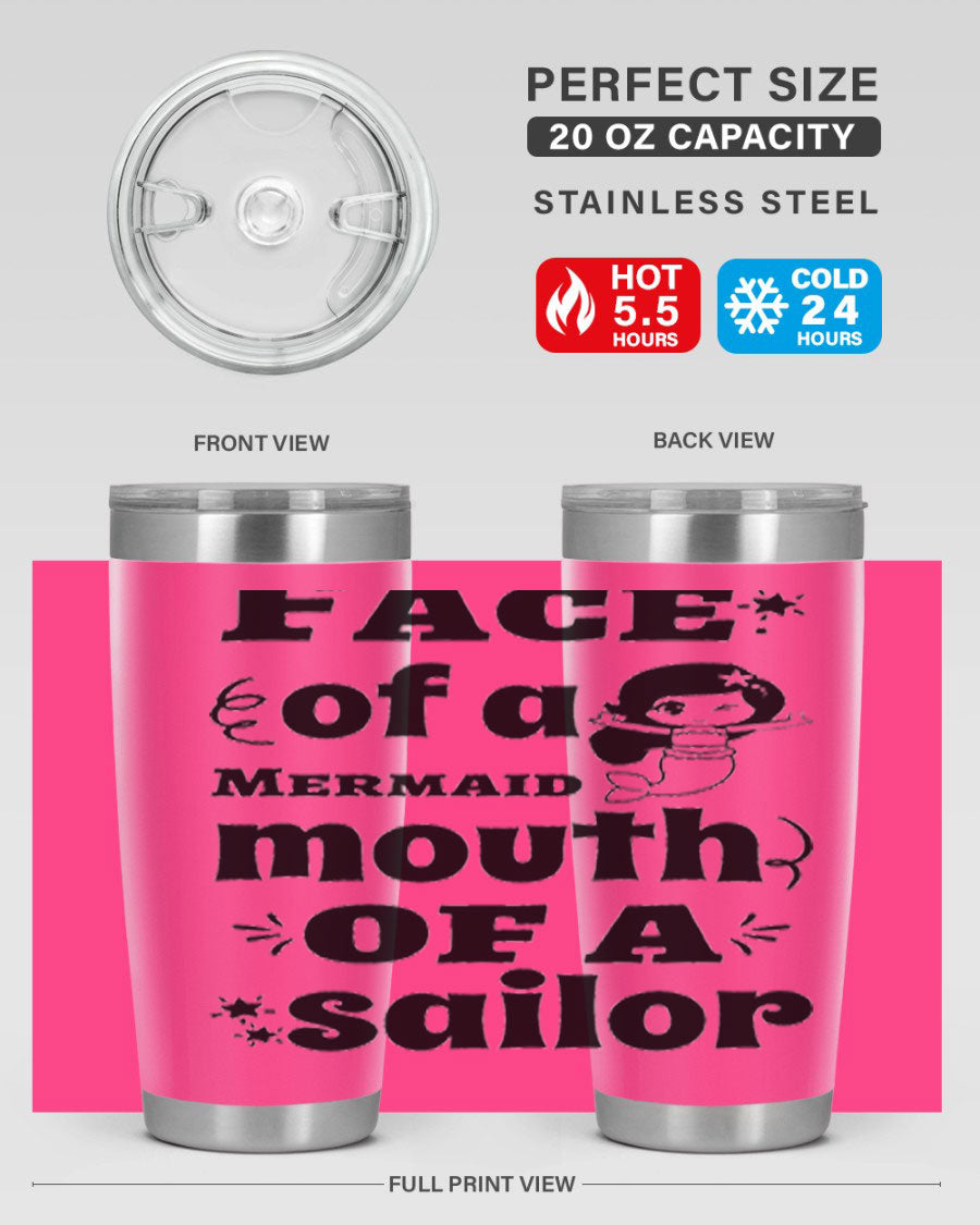 Face of a Mermaid mouth tumbler featuring a vibrant mermaid design, made of double wall vacuum stainless steel.
