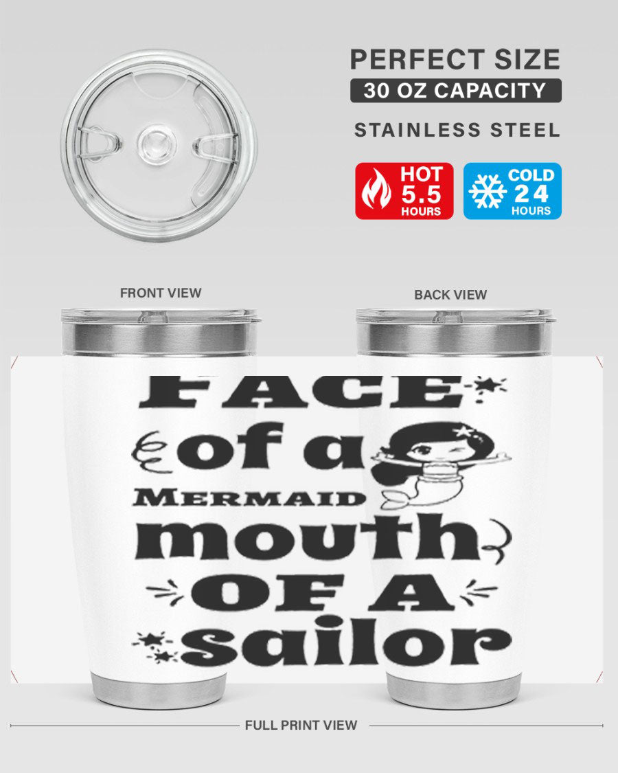 Face of a Mermaid mouth tumbler featuring a vibrant mermaid design, made of double wall vacuum stainless steel.