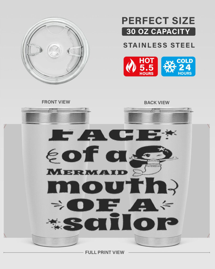 Face of a Mermaid mouth tumbler featuring a vibrant mermaid design, made of double wall vacuum stainless steel.