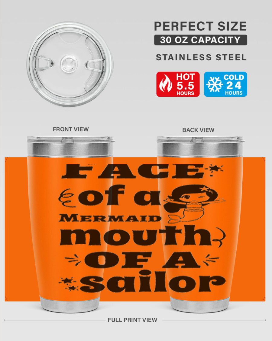 Face of a Mermaid mouth tumbler featuring a vibrant mermaid design, made of double wall vacuum stainless steel.