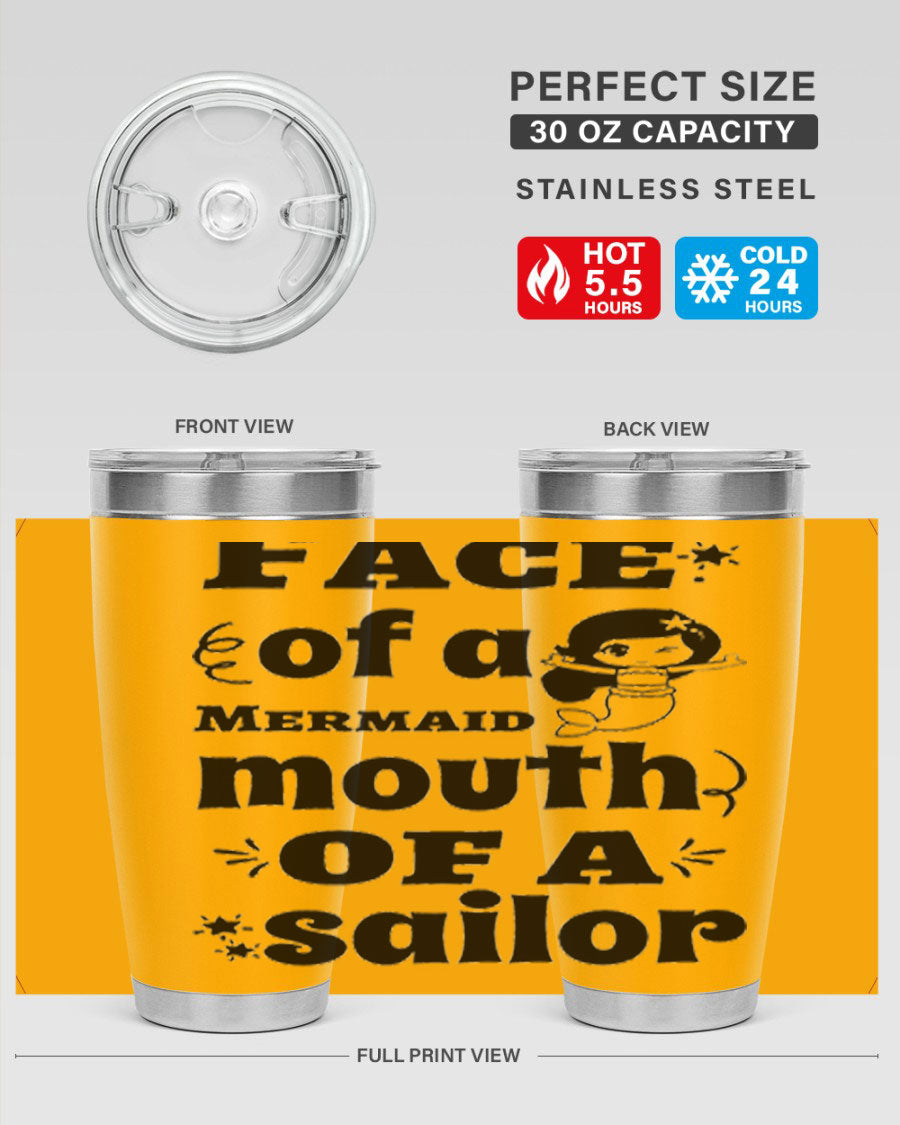 Face of a Mermaid mouth tumbler featuring a vibrant mermaid design, made of double wall vacuum stainless steel.