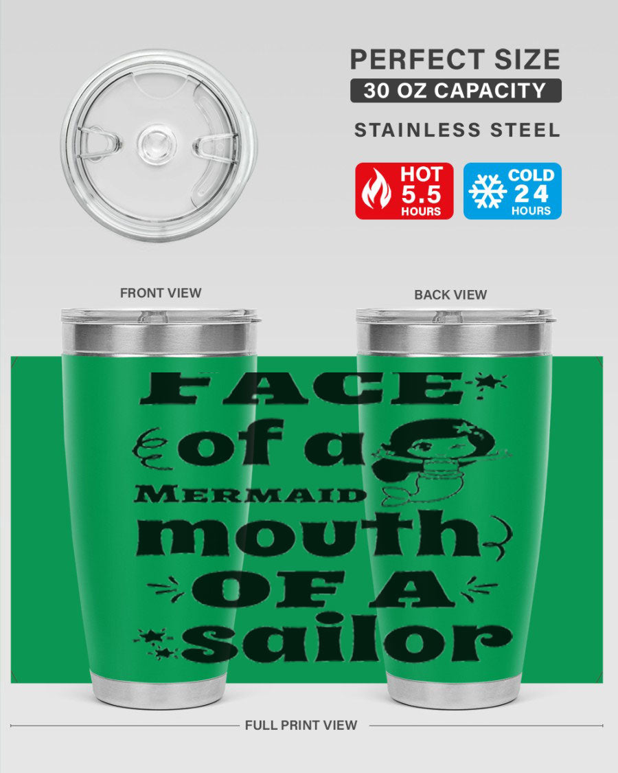 Face of a Mermaid mouth tumbler featuring a vibrant mermaid design, made of double wall vacuum stainless steel.