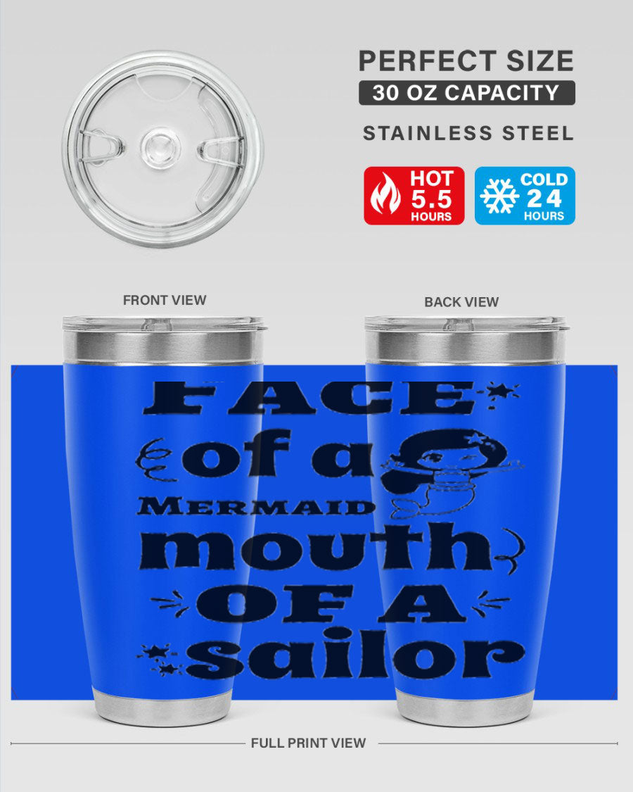 Face of a Mermaid mouth tumbler featuring a vibrant mermaid design, made of double wall vacuum stainless steel.
