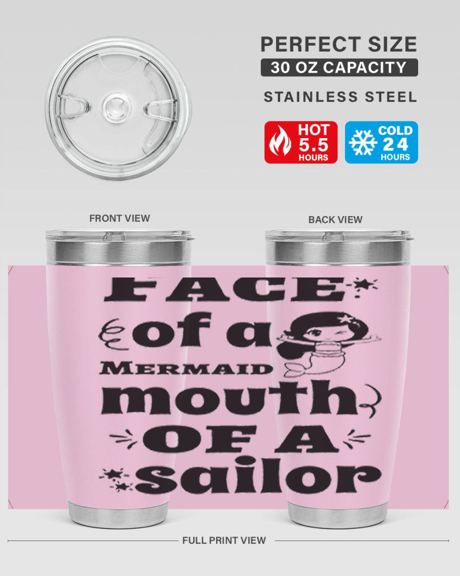 Face of a Mermaid mouth tumbler featuring a vibrant mermaid design, made of double wall vacuum stainless steel.