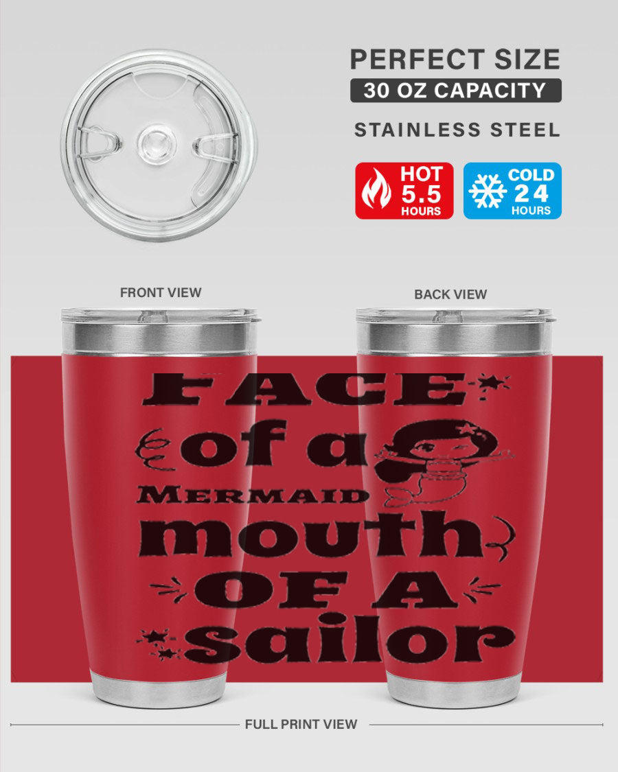 Face of a Mermaid mouth tumbler featuring a vibrant mermaid design, made of double wall vacuum stainless steel.