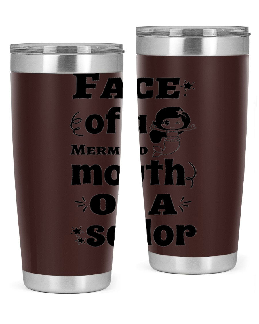 Face of a Mermaid mouth tumbler featuring a vibrant mermaid design, made of double wall vacuum stainless steel.