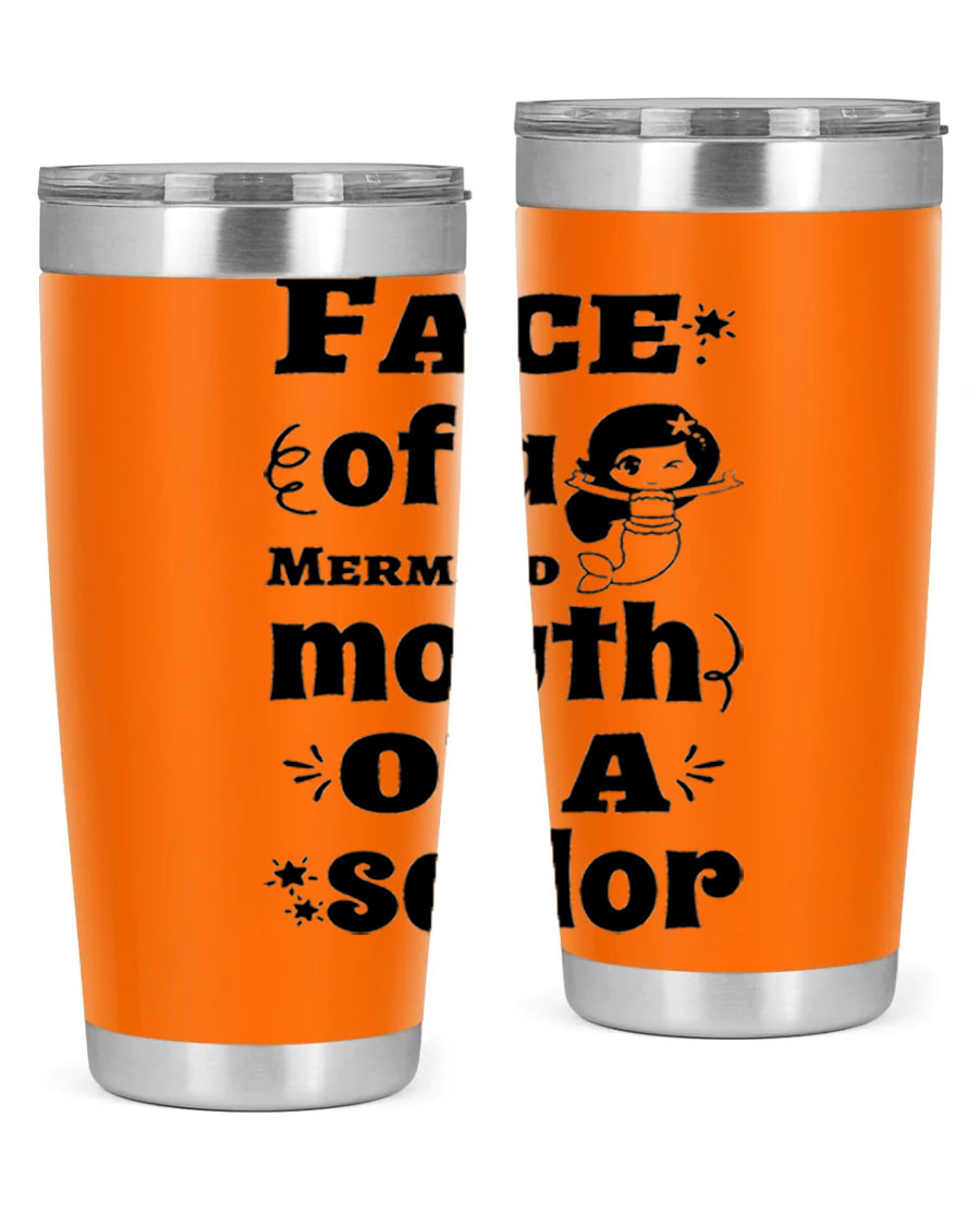 Face of a Mermaid mouth tumbler featuring a vibrant mermaid design, made of double wall vacuum stainless steel.