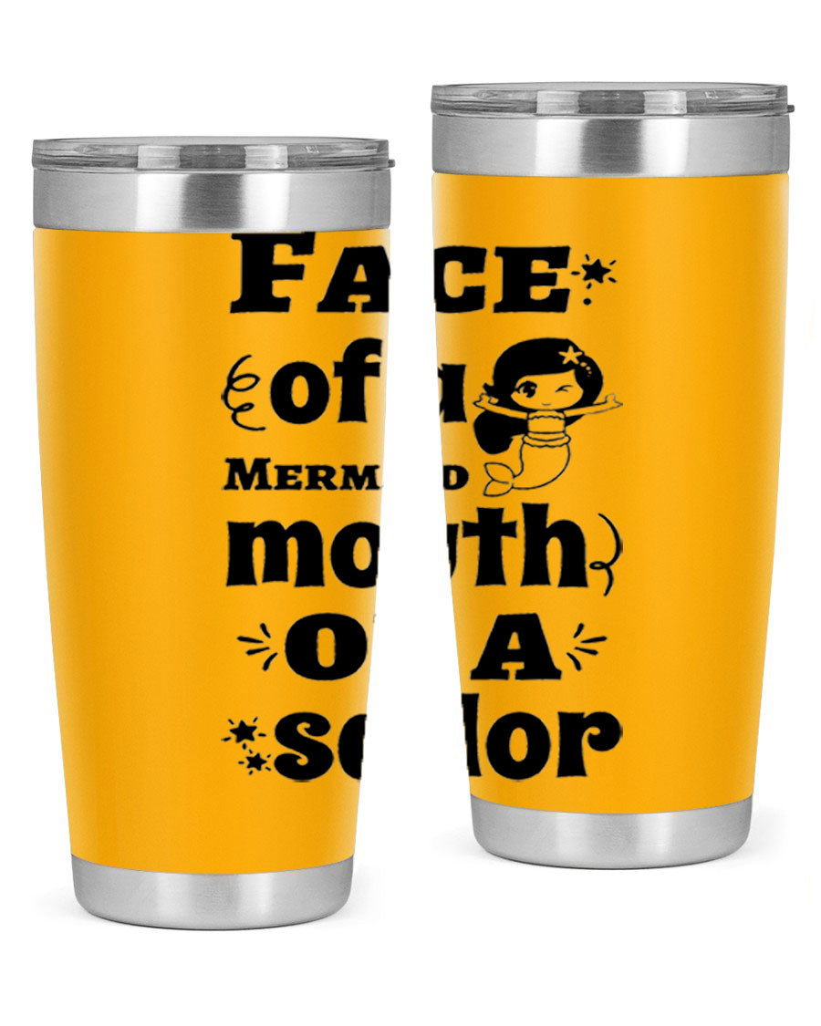 Face of a Mermaid mouth tumbler featuring a vibrant mermaid design, made of double wall vacuum stainless steel.