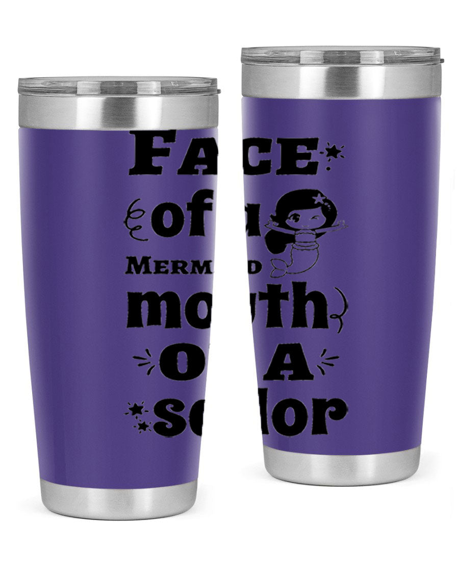 Face of a Mermaid mouth tumbler featuring a vibrant mermaid design, made of double wall vacuum stainless steel.