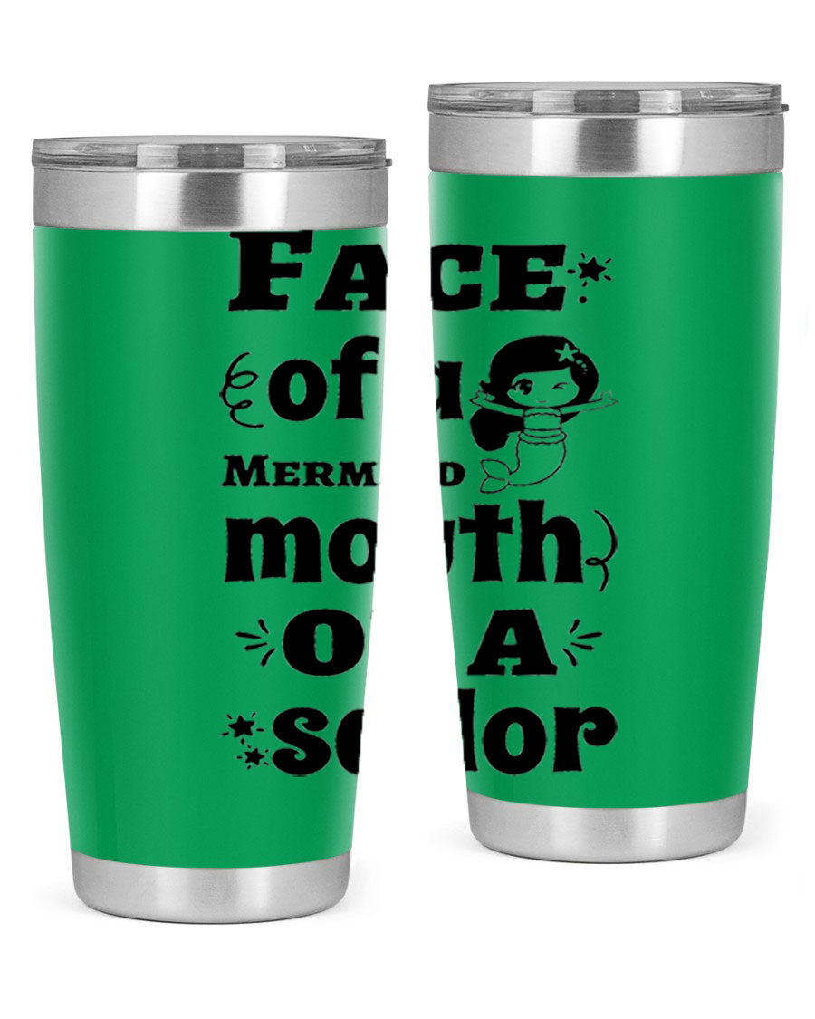 Face of a Mermaid mouth tumbler featuring a vibrant mermaid design, made of double wall vacuum stainless steel.