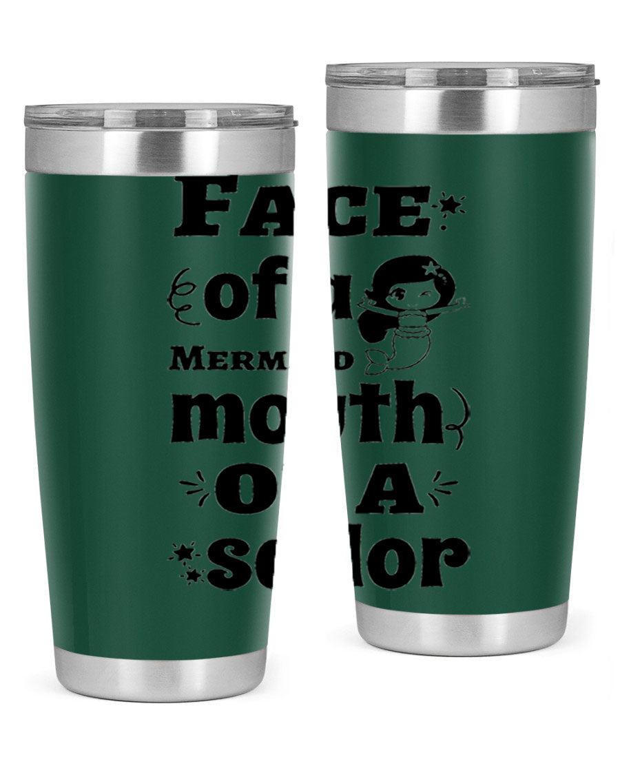 Face of a Mermaid mouth tumbler featuring a vibrant mermaid design, made of double wall vacuum stainless steel.