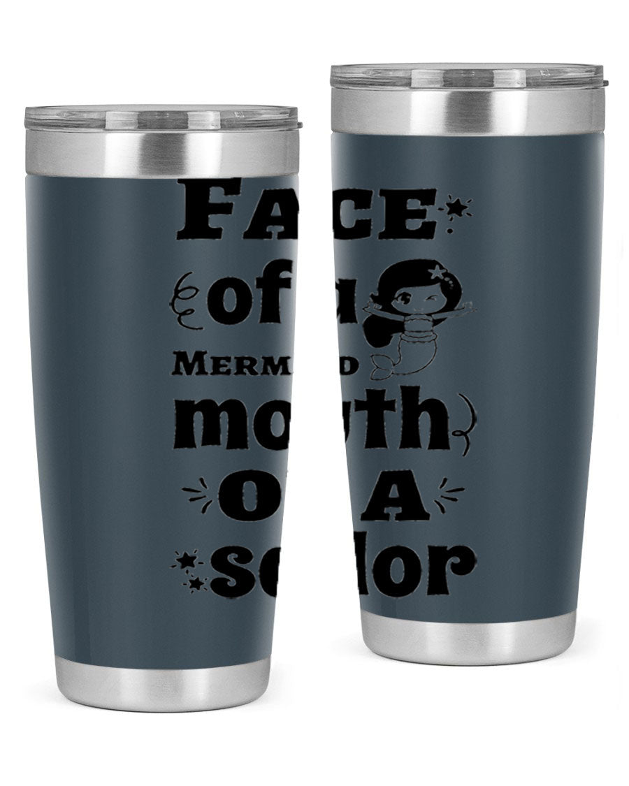 Face of a Mermaid mouth tumbler featuring a vibrant mermaid design, made of double wall vacuum stainless steel.