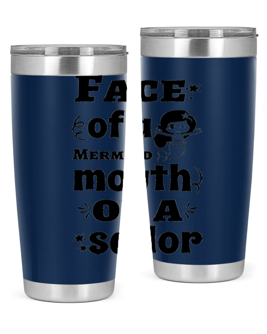 Face of a Mermaid mouth tumbler featuring a vibrant mermaid design, made of double wall vacuum stainless steel.