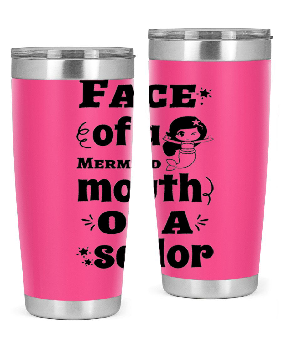 Face of a Mermaid mouth tumbler featuring a vibrant mermaid design, made of double wall vacuum stainless steel.