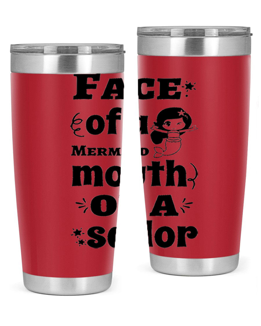 Face of a Mermaid mouth tumbler featuring a vibrant mermaid design, made of double wall vacuum stainless steel.