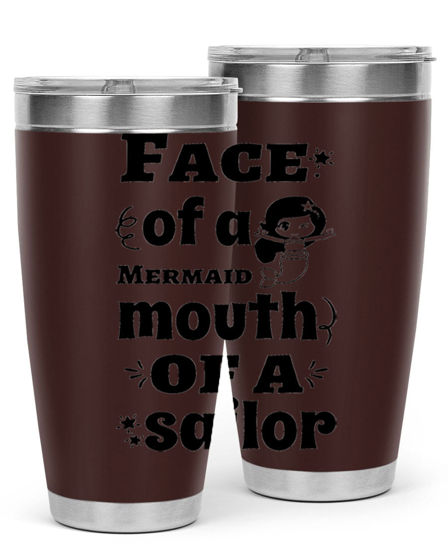 Face of a Mermaid mouth tumbler featuring a vibrant mermaid design, made of double wall vacuum stainless steel.