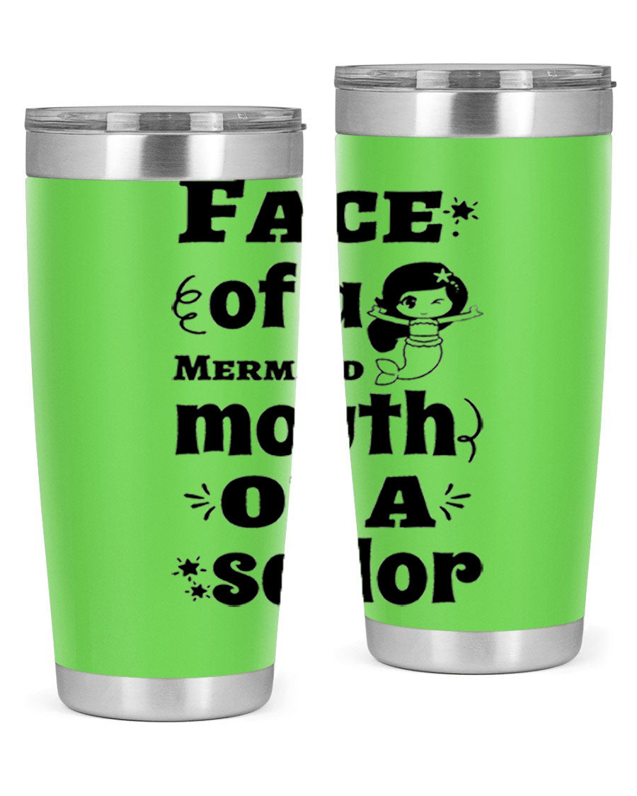 Face of a Mermaid mouth tumbler featuring a vibrant mermaid design, made of double wall vacuum stainless steel.