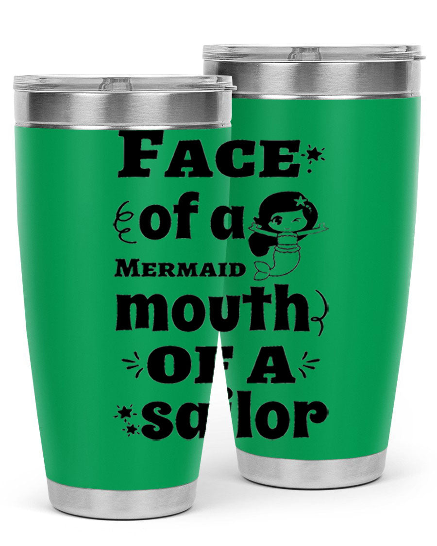 Face of a Mermaid mouth tumbler featuring a vibrant mermaid design, made of double wall vacuum stainless steel.