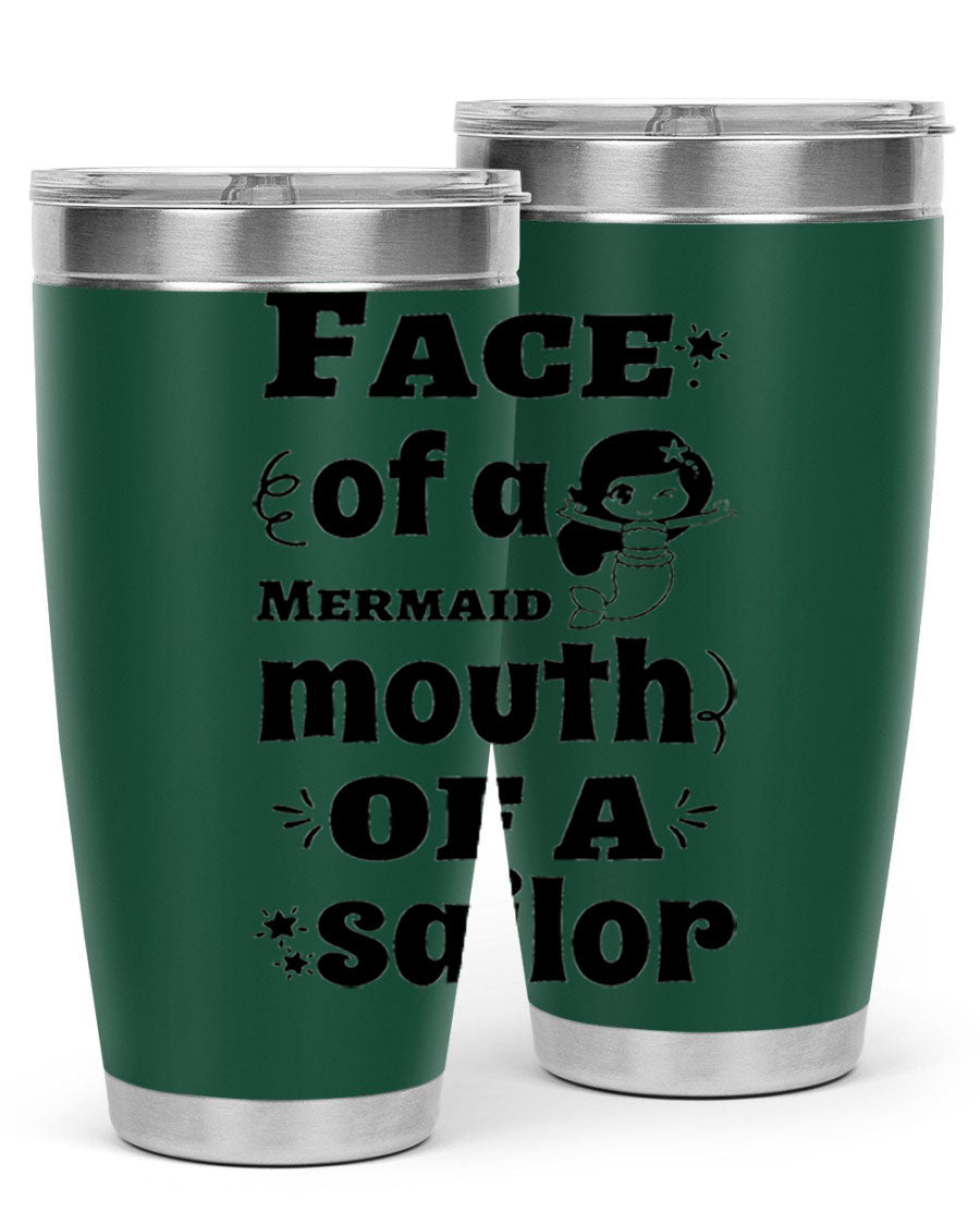 Face of a Mermaid mouth tumbler featuring a vibrant mermaid design, made of double wall vacuum stainless steel.