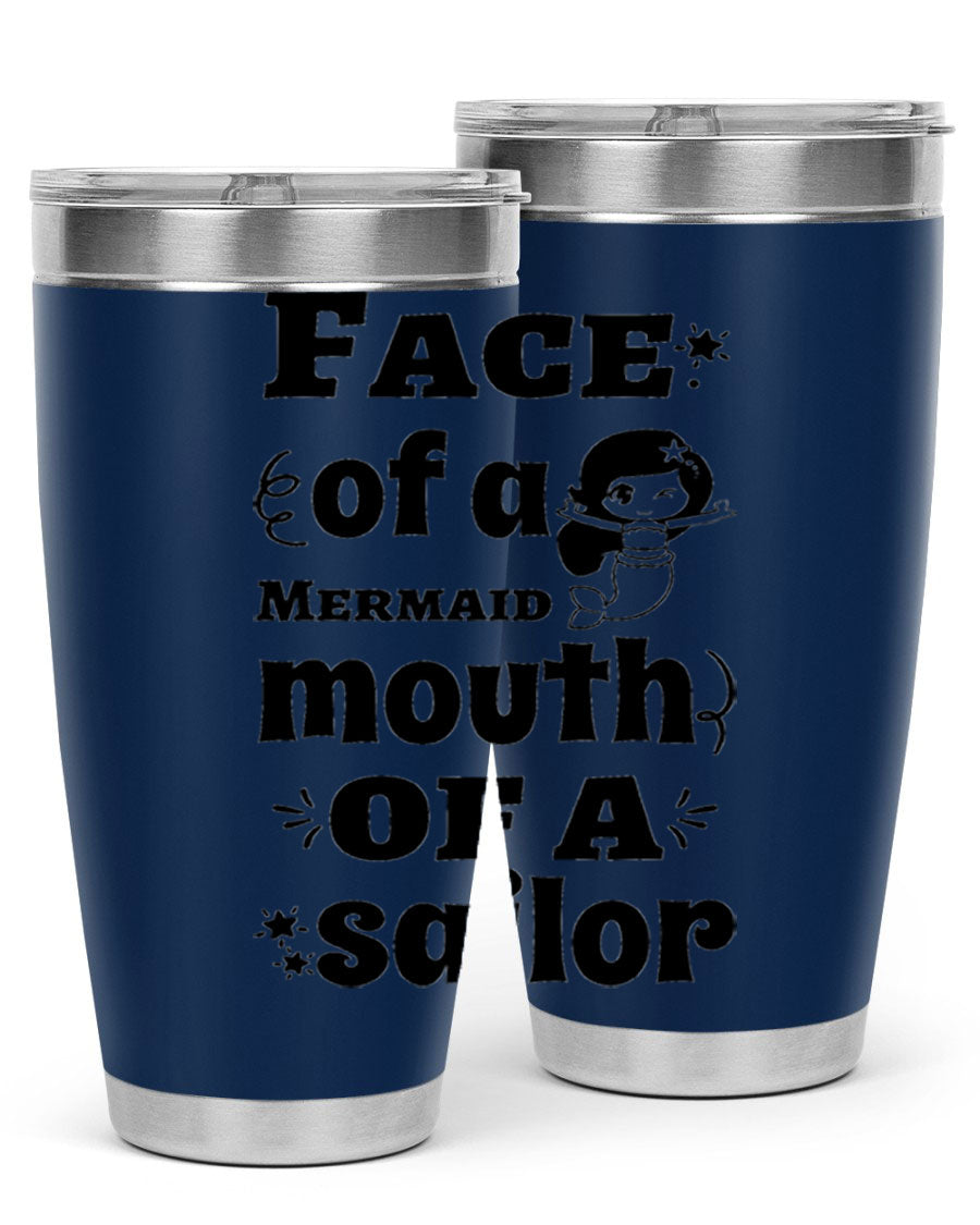 Face of a Mermaid mouth tumbler featuring a vibrant mermaid design, made of double wall vacuum stainless steel.