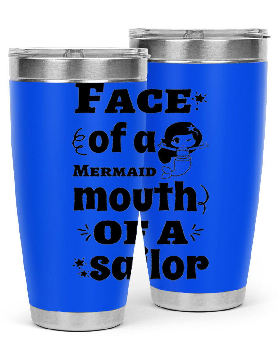 Face of a Mermaid mouth tumbler featuring a vibrant mermaid design, made of double wall vacuum stainless steel.
