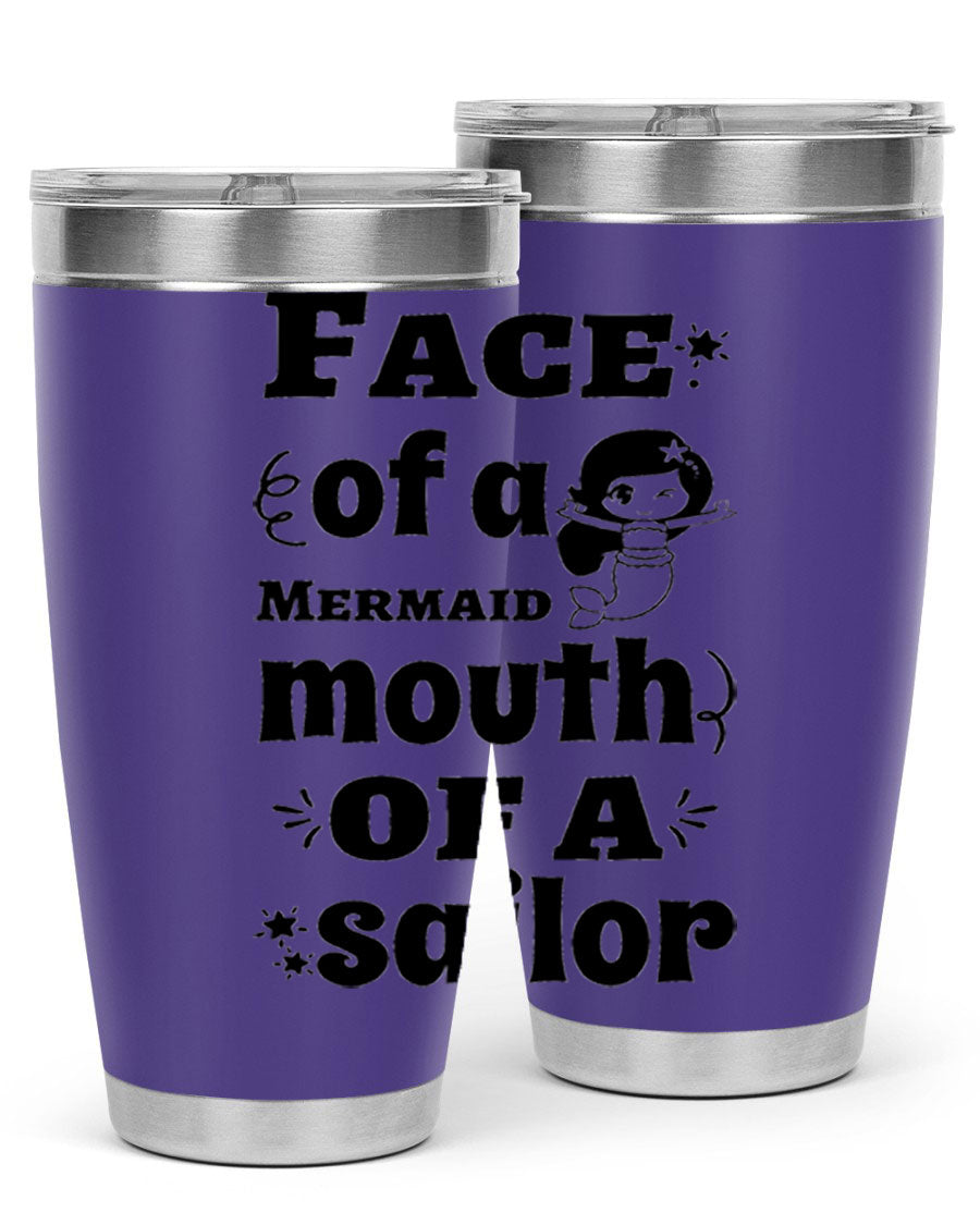 Face of a Mermaid mouth tumbler featuring a vibrant mermaid design, made of double wall vacuum stainless steel.