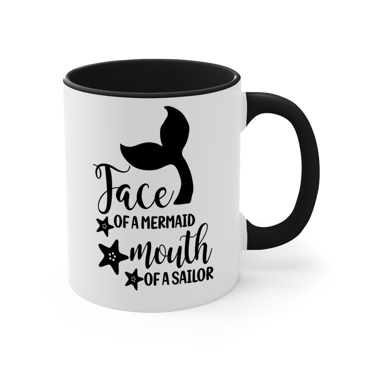A whimsical ceramic coffee mug featuring a mermaid face design, with a glossy finish and a colored handle, available in multiple colors.