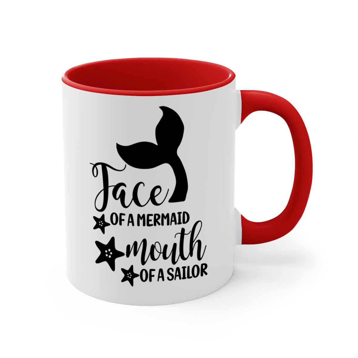 A whimsical ceramic coffee mug featuring a mermaid face design, with a glossy finish and a colored handle, available in multiple colors.