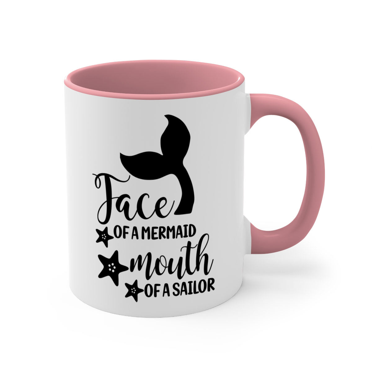 A whimsical ceramic coffee mug featuring a mermaid face design, with a glossy finish and a colored handle, available in multiple colors.