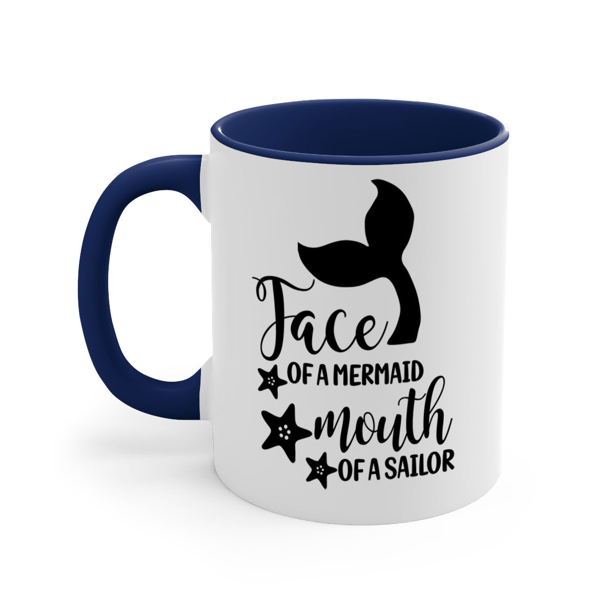 A whimsical ceramic coffee mug featuring a mermaid face design, with a glossy finish and a colored handle, available in multiple colors.