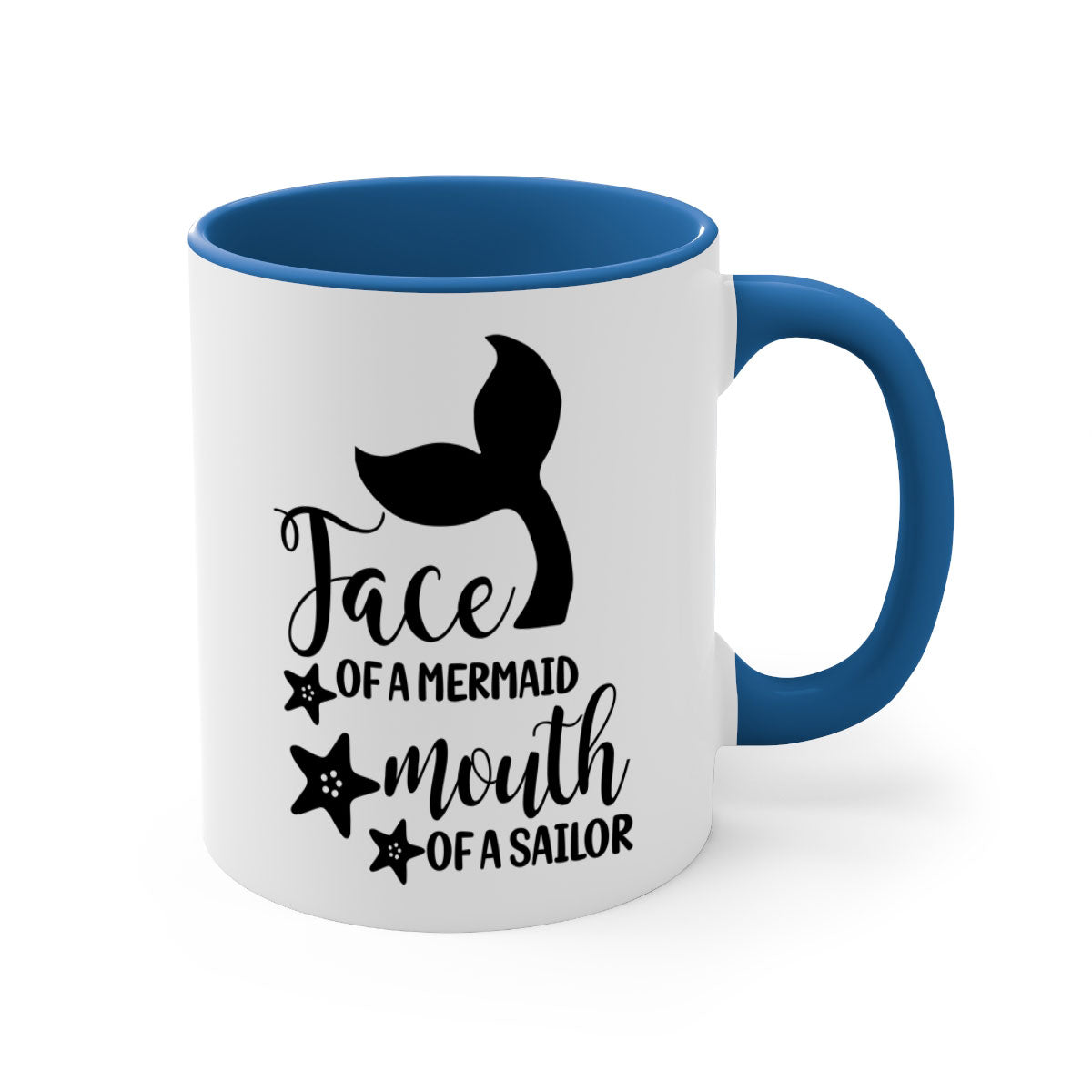 A whimsical ceramic coffee mug featuring a mermaid face design, with a glossy finish and a colored handle, available in multiple colors.