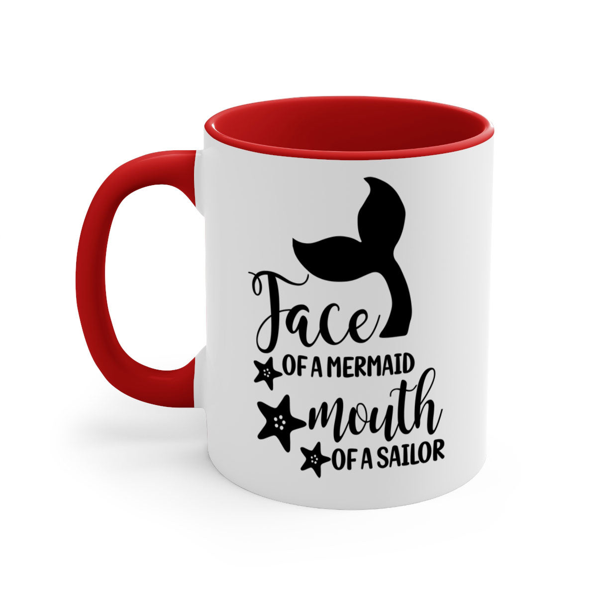 A whimsical ceramic coffee mug featuring a mermaid face design, with a glossy finish and a colored handle, available in multiple colors.