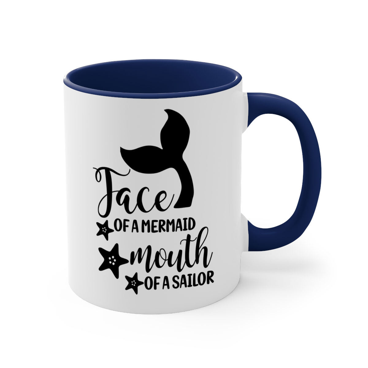 A whimsical ceramic coffee mug featuring a mermaid face design, with a glossy finish and a colored handle, available in multiple colors.