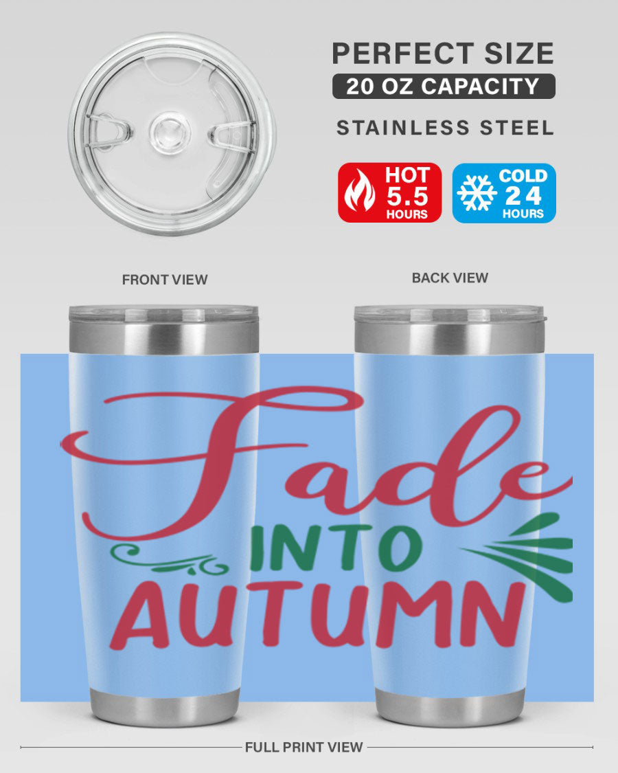 Fade Into Autumn 20oz Tumbler made of stainless steel with a copper lining, featuring a drink-thru lid and autumn-themed design.