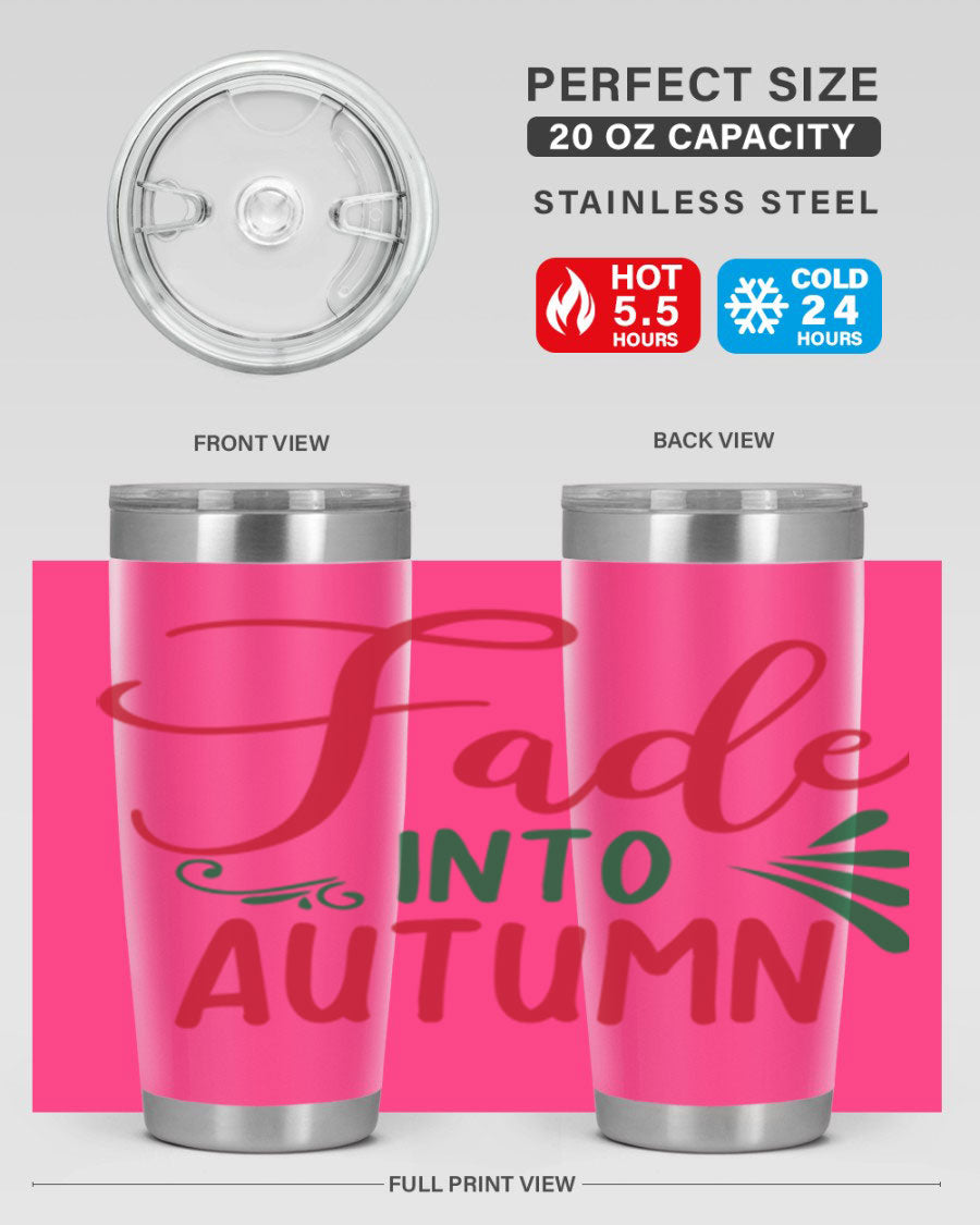 Fade Into Autumn 20oz Tumbler made of stainless steel with a copper lining, featuring a drink-thru lid and autumn-themed design.