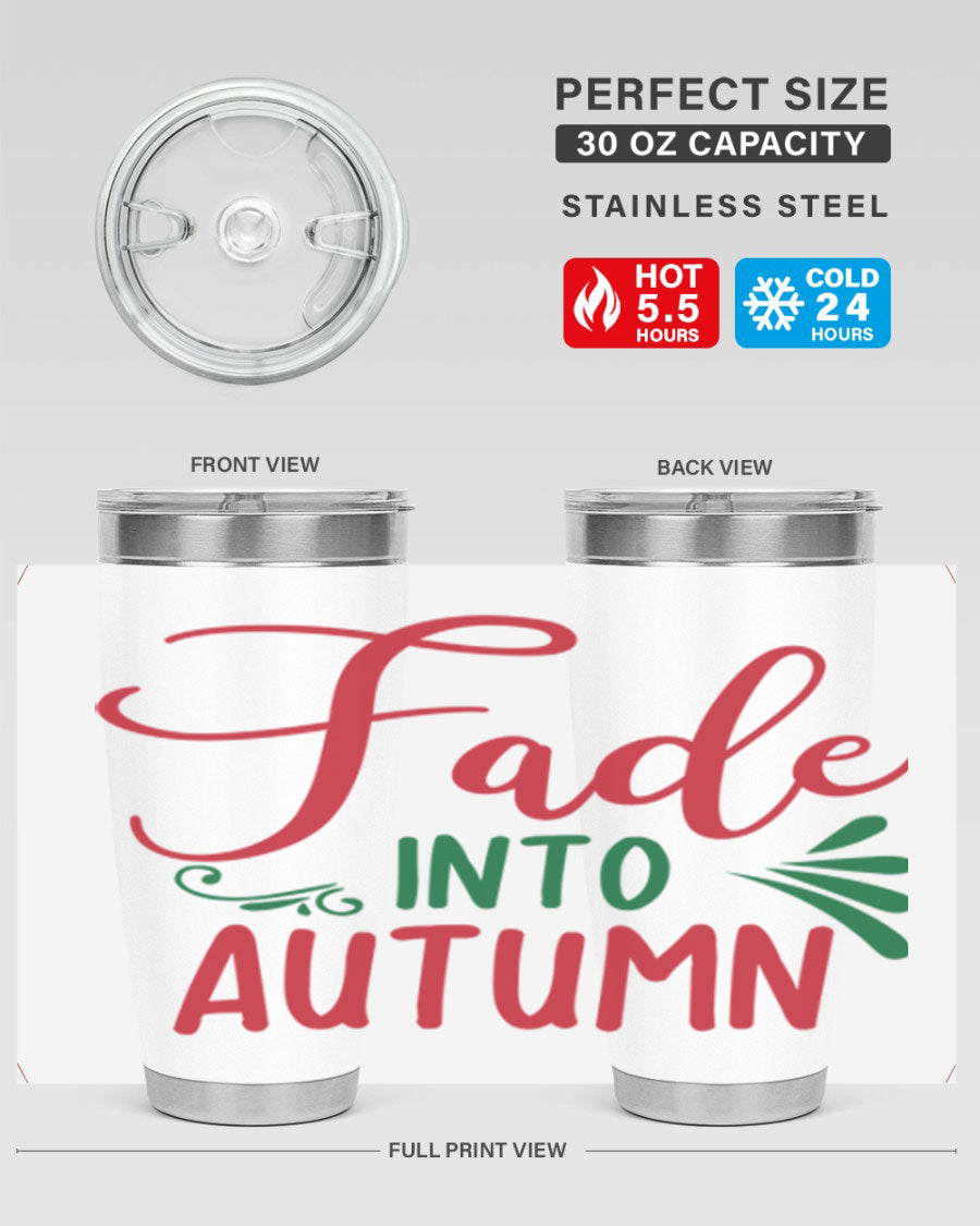 Fade Into Autumn 20oz Tumbler made of stainless steel with a copper lining, featuring a drink-thru lid and autumn-themed design.