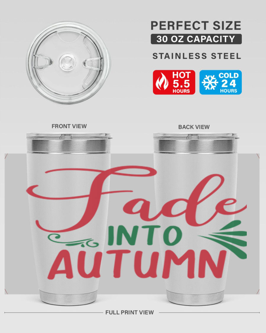 Fade Into Autumn 20oz Tumbler made of stainless steel with a copper lining, featuring a drink-thru lid and autumn-themed design.