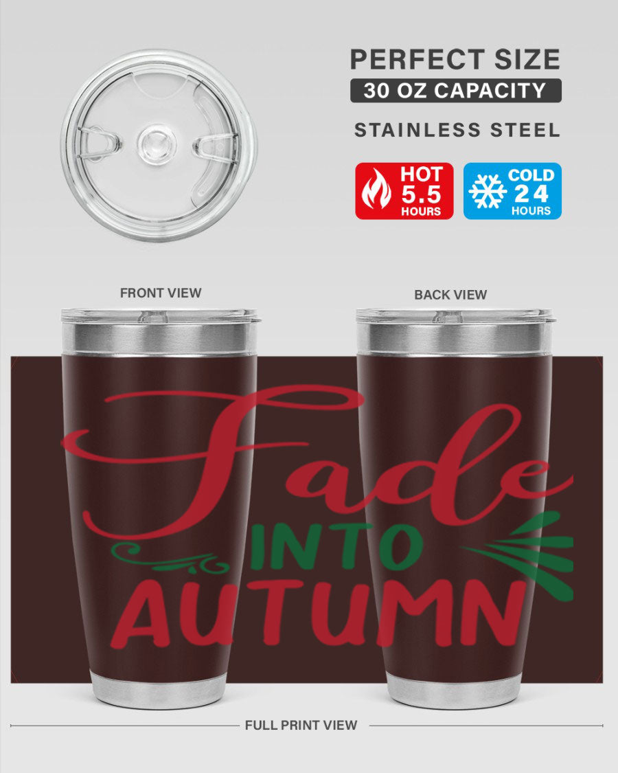 Fade Into Autumn 20oz Tumbler made of stainless steel with a copper lining, featuring a drink-thru lid and autumn-themed design.