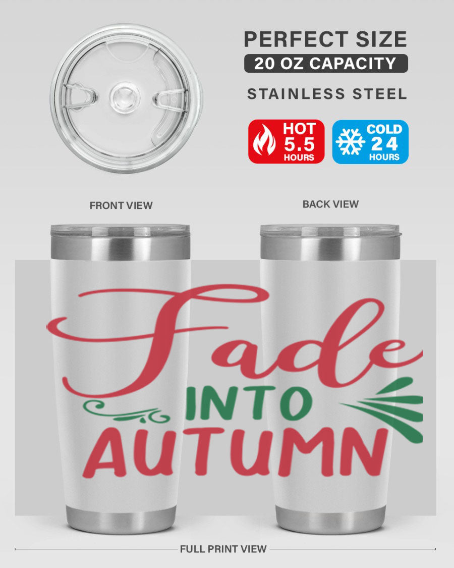 Fade Into Autumn 20oz Tumbler made of stainless steel with a copper lining, featuring a drink-thru lid and autumn-themed design.