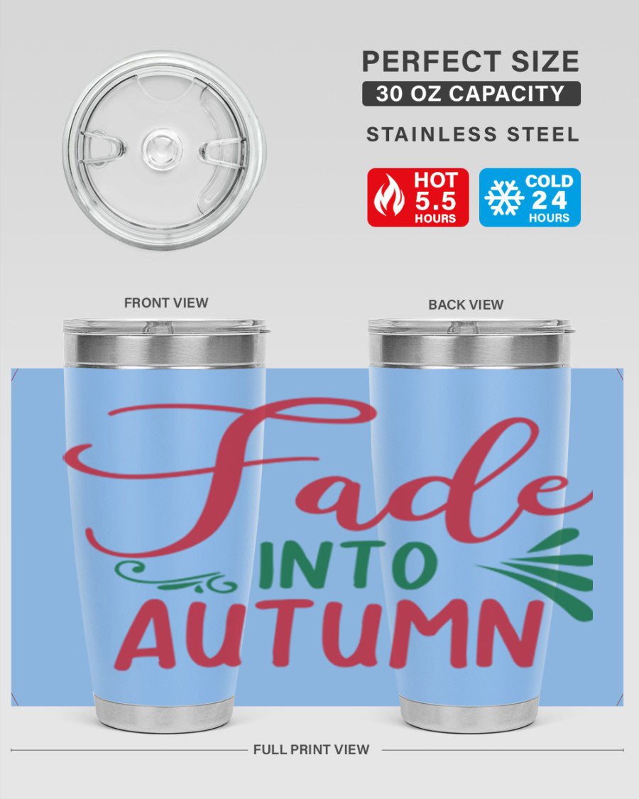 Fade Into Autumn 20oz Tumbler made of stainless steel with a copper lining, featuring a drink-thru lid and autumn-themed design.