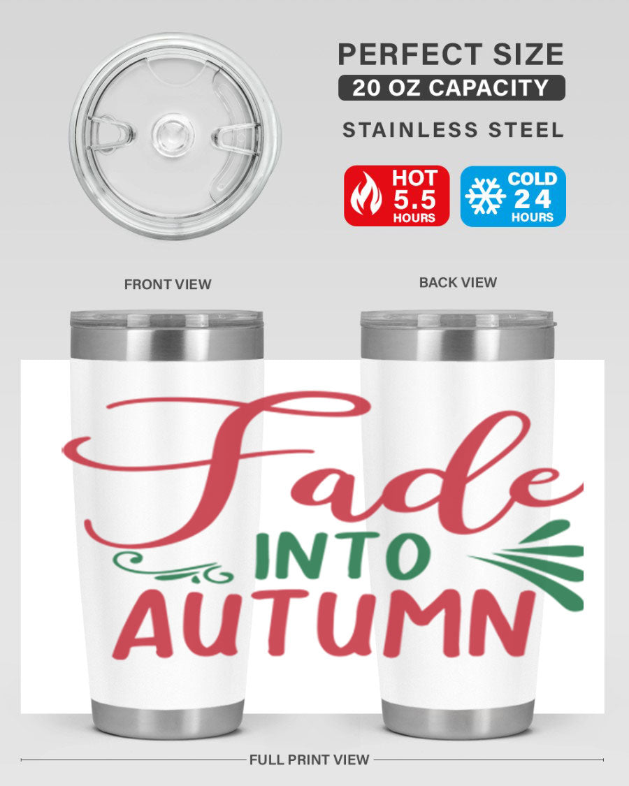Fade Into Autumn 20oz Tumbler made of stainless steel with a copper lining, featuring a drink-thru lid and autumn-themed design.