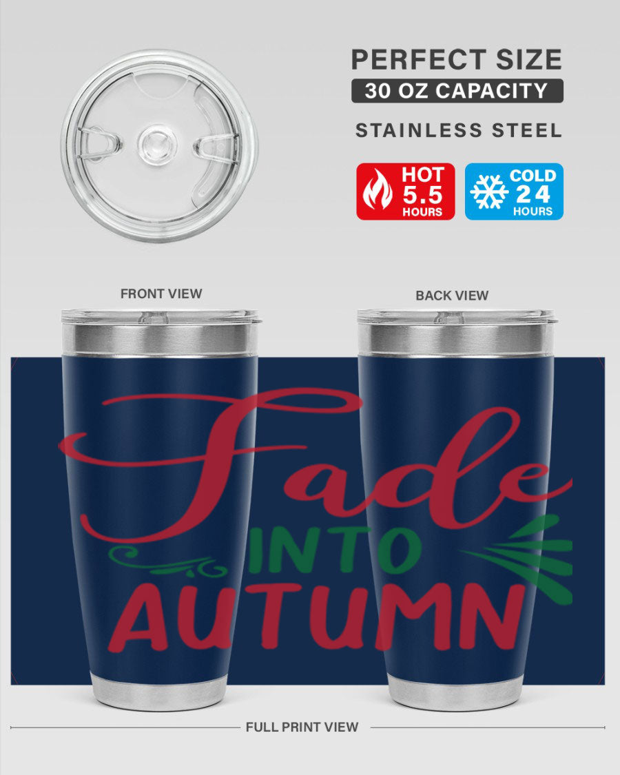 Fade Into Autumn 20oz Tumbler made of stainless steel with a copper lining, featuring a drink-thru lid and autumn-themed design.