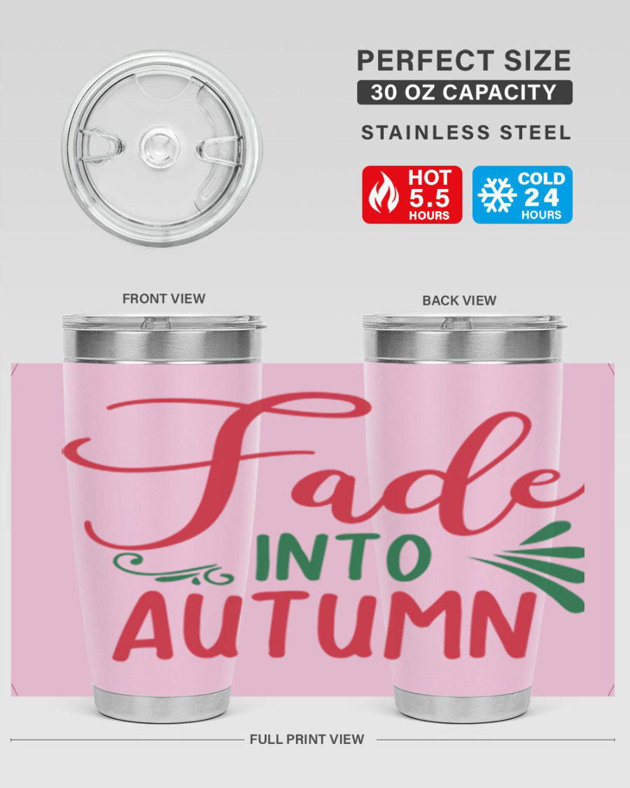 Fade Into Autumn 20oz Tumbler made of stainless steel with a copper lining, featuring a drink-thru lid and autumn-themed design.