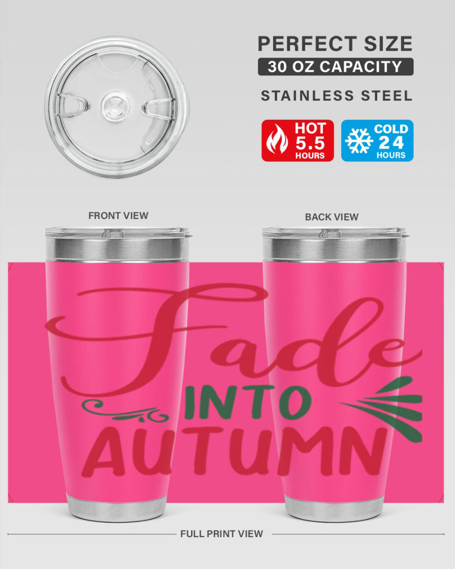 Fade Into Autumn 20oz Tumbler made of stainless steel with a copper lining, featuring a drink-thru lid and autumn-themed design.