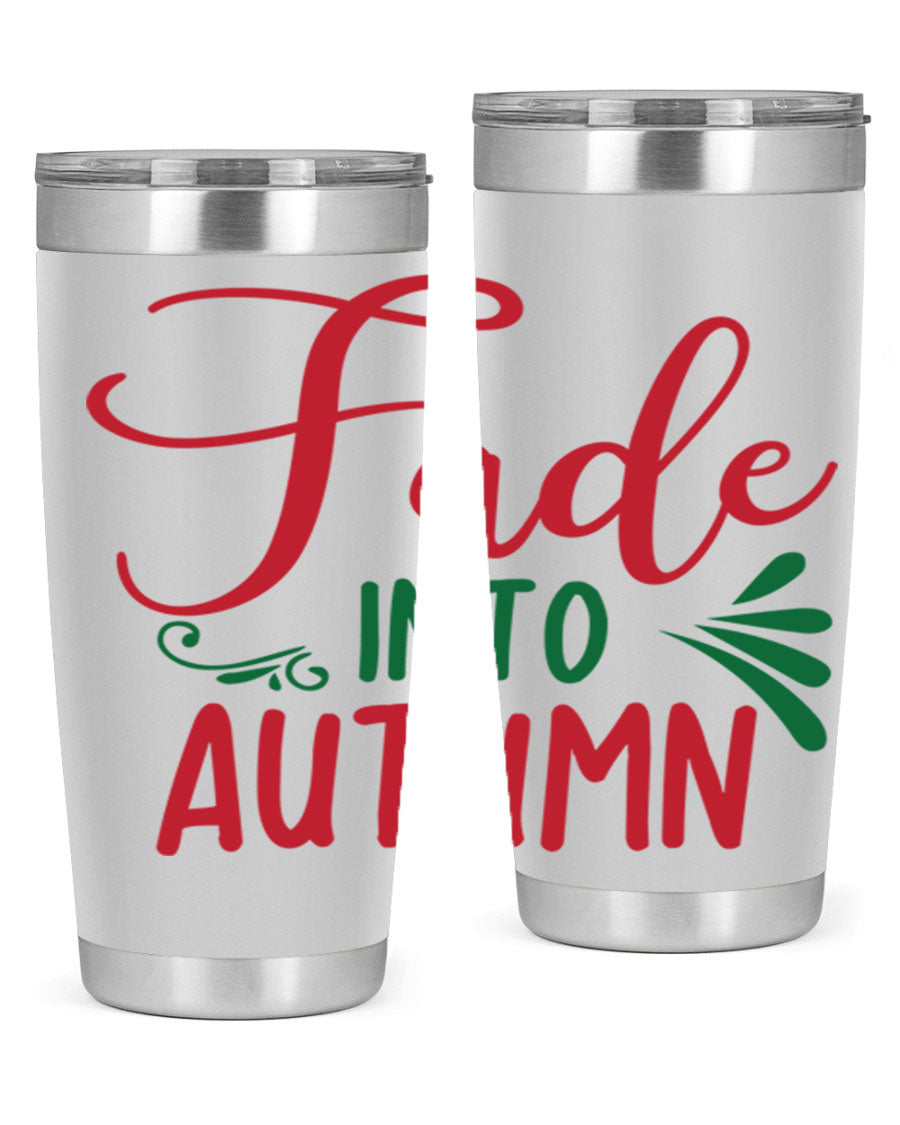 Fade Into Autumn 20oz Tumbler made of stainless steel with a copper lining, featuring a drink-thru lid and autumn-themed design.