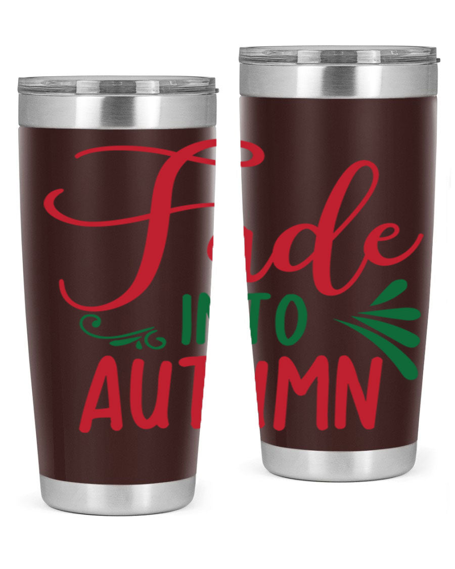 Fade Into Autumn 20oz Tumbler made of stainless steel with a copper lining, featuring a drink-thru lid and autumn-themed design.